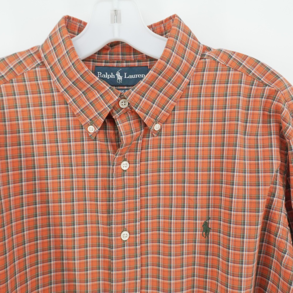 Ralph Lauren Button Down Mens L Orange Plaid Classic Fit Long Sleeve Pony Logo